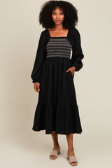 Black Contrast Smocked Balloon Sleeve Maternity Midi Dress