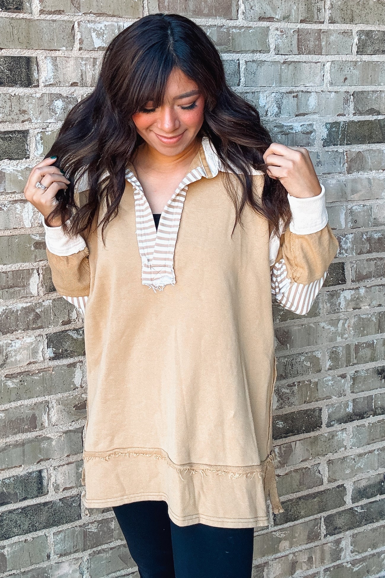 Mocha Colorblock Stripe Polo Pullover Top