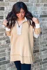 Mocha Colorblock Stripe Polo Pullover Top