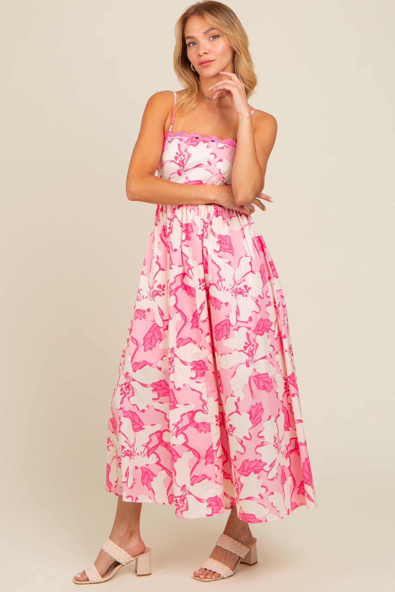 Pink Floral Wave Trim Back Tie Midi Dress