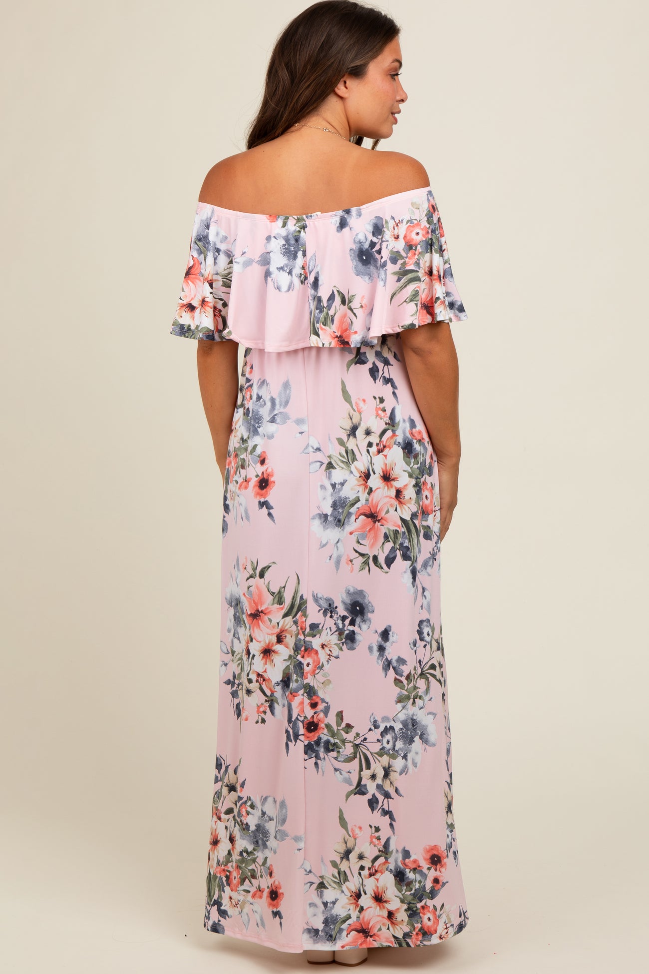 Pink Off Shoulder Floral Ruffle Maternity Maxi Dress