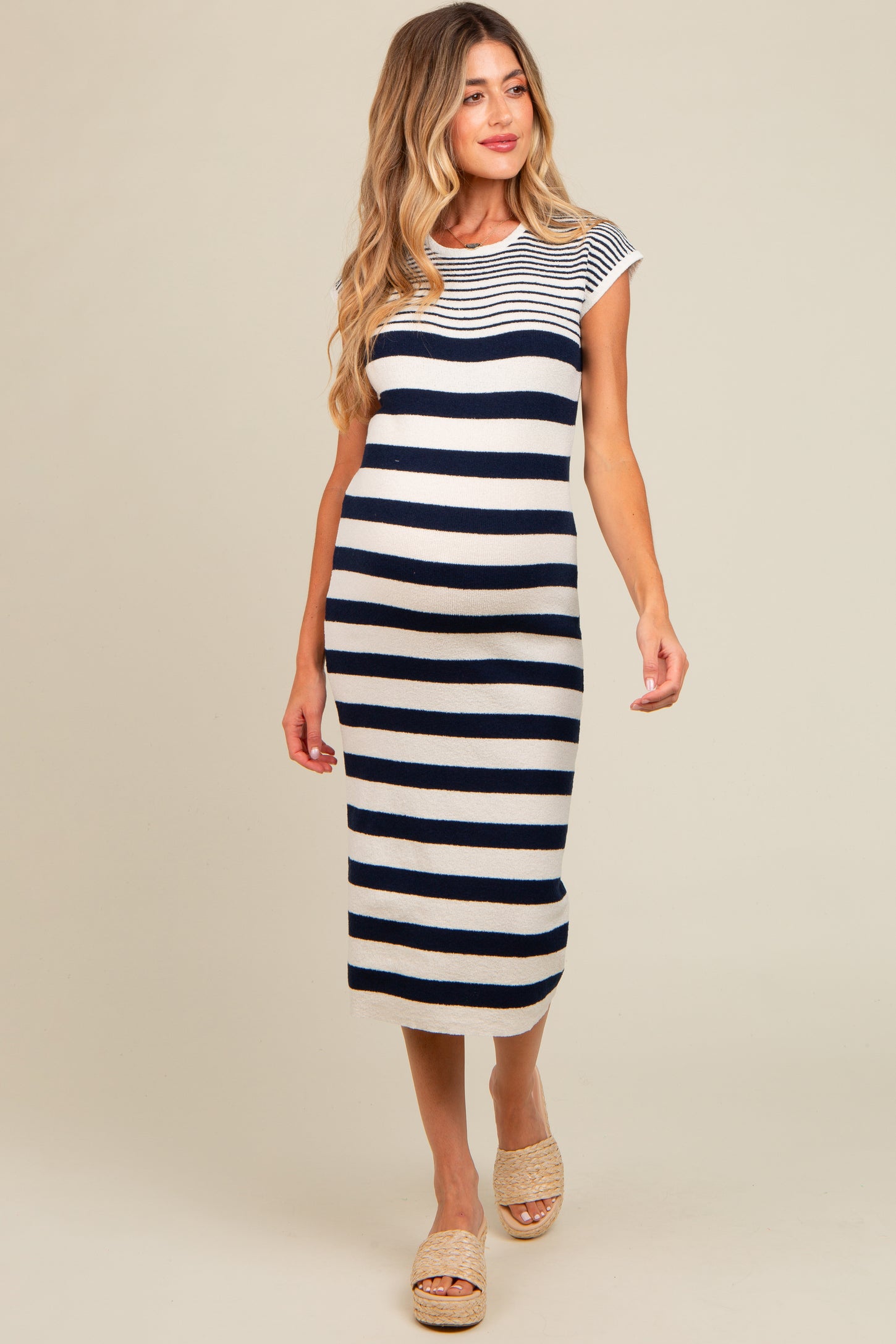 Navy Blue Mixed Striped Maternity Midi Dress