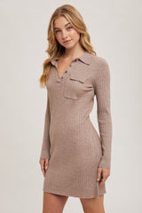 woman wearing a beige ribbed knit long sleeve dress with a collared neckline and button detail