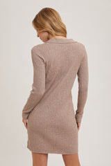 woman wearing a taupe ribbed knit long sleeve dress with a collared neckline, shown from the back