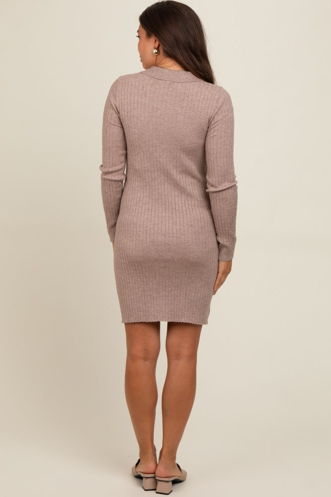 woman wearing a light brown ribbed long sleeve maternity dress, shown from the back