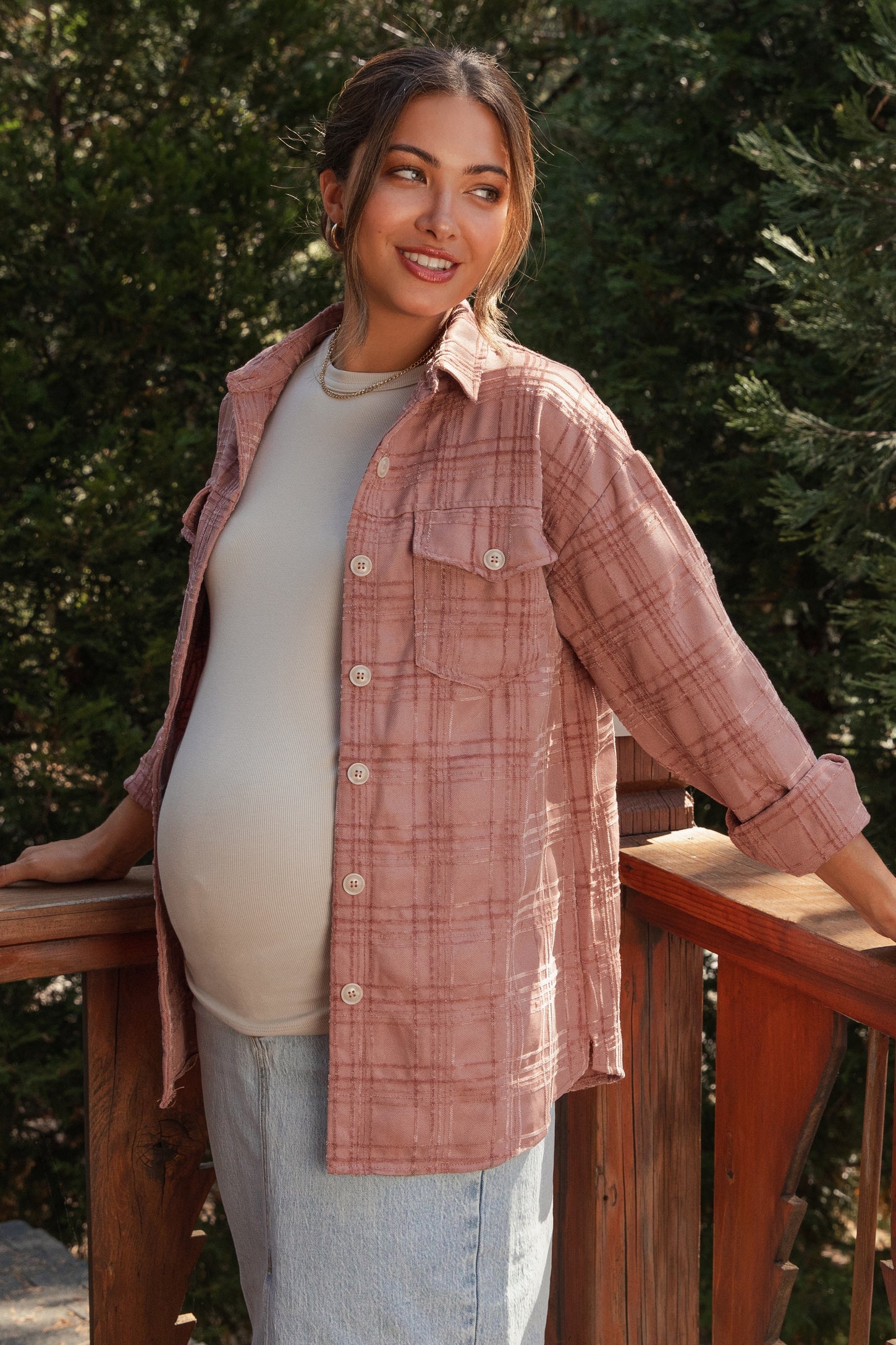 Mauve Plaid Textured Maternity Shirt Jacket