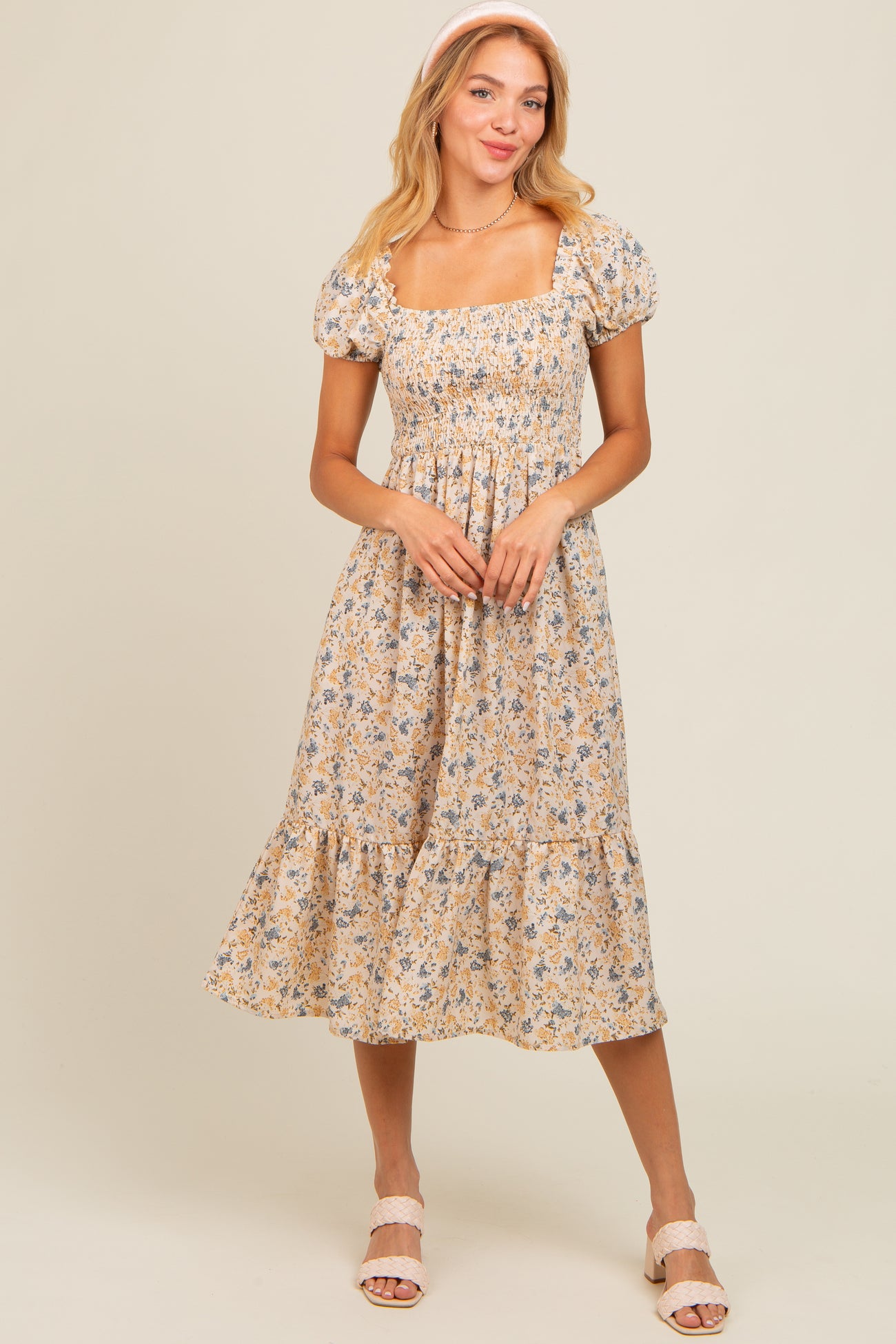Cream Floral Smocked Ruffle Hem Midi Dress