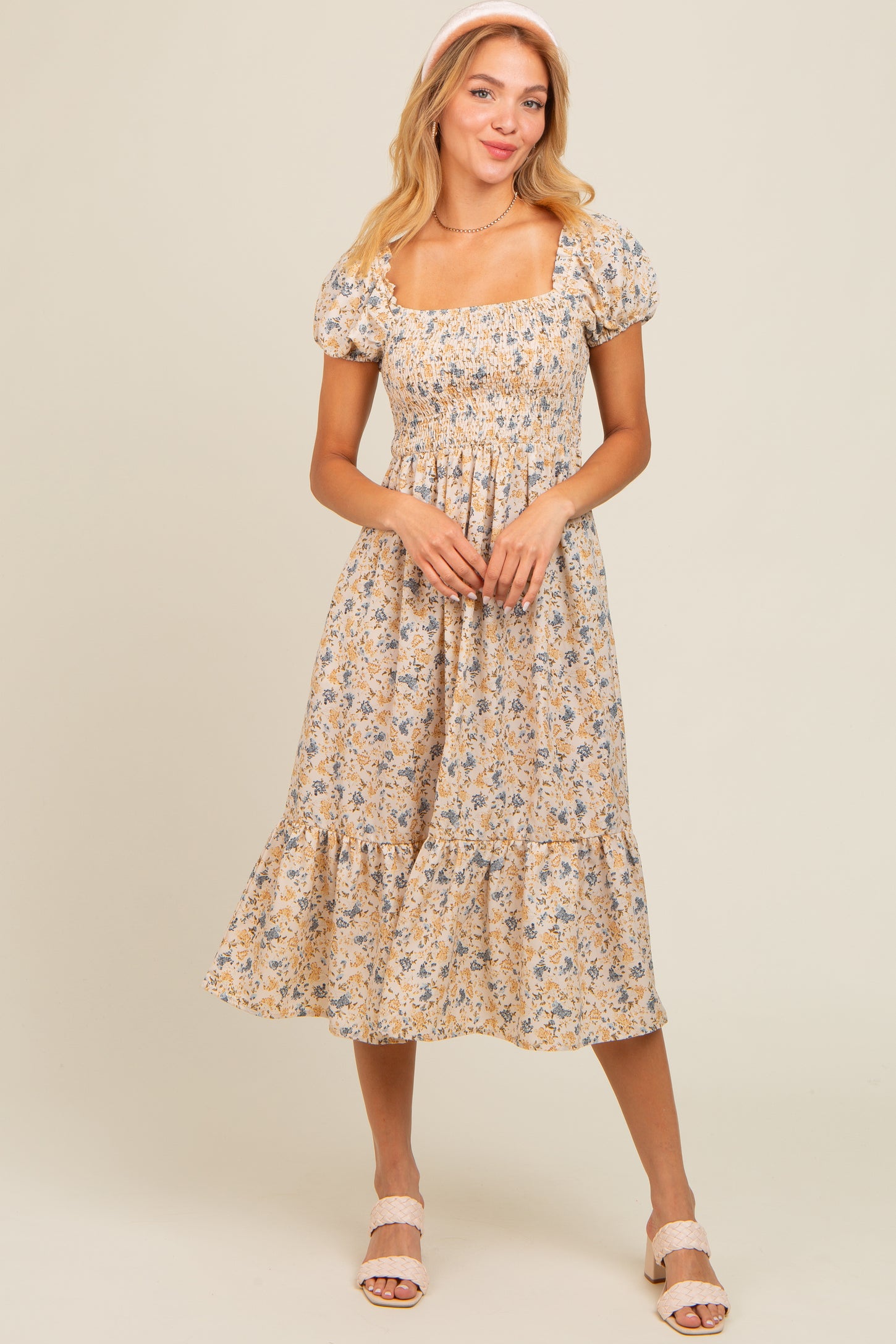 Cream Floral Smocked Ruffle Hem Midi Dress
