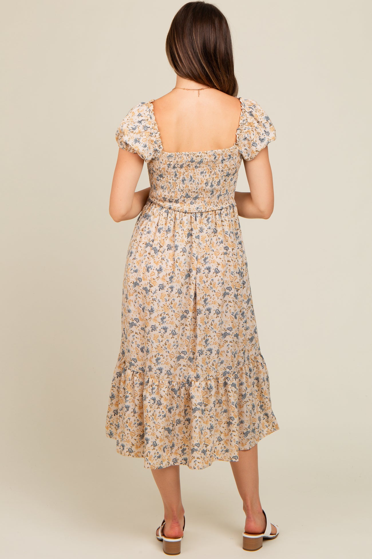 Cream Floral Smocked Ruffle Hem Maternity Midi Dress