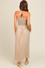 Beige Halter Crochet Top Maxi Dress