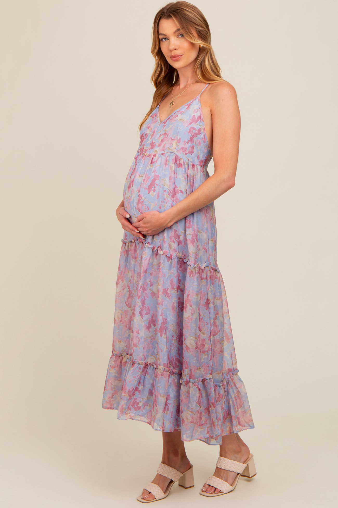 Periwinkle Abstract Floral Crisscross Back Maternity Maxi Dress