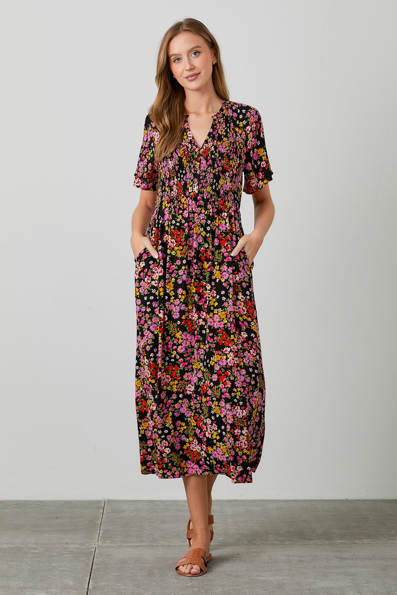 Black Floral Smocked Button Up Midi Dress