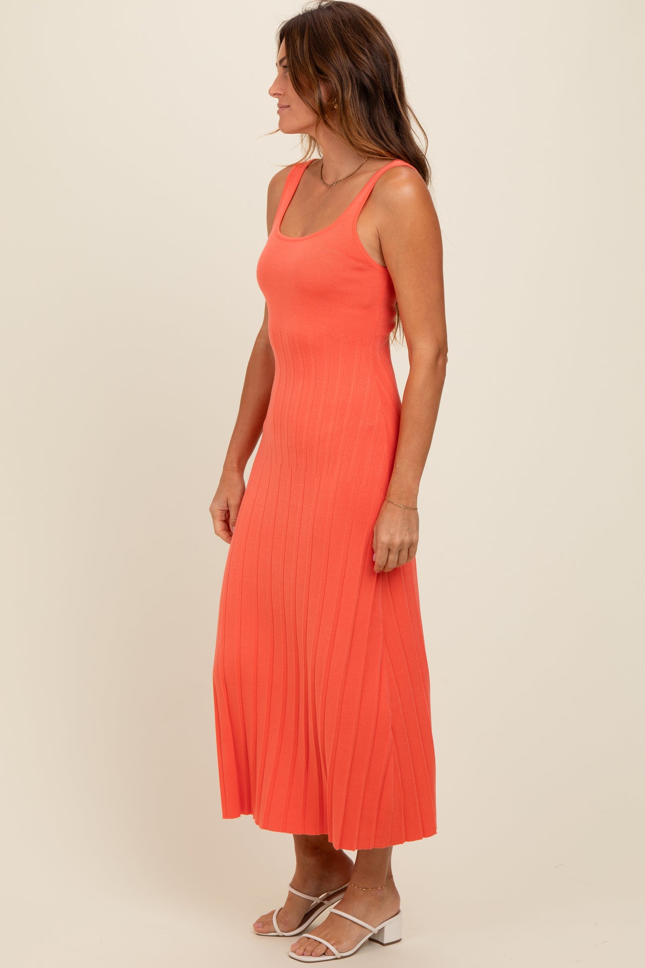 Orange Knit Ribbed Fitted Midi Dress