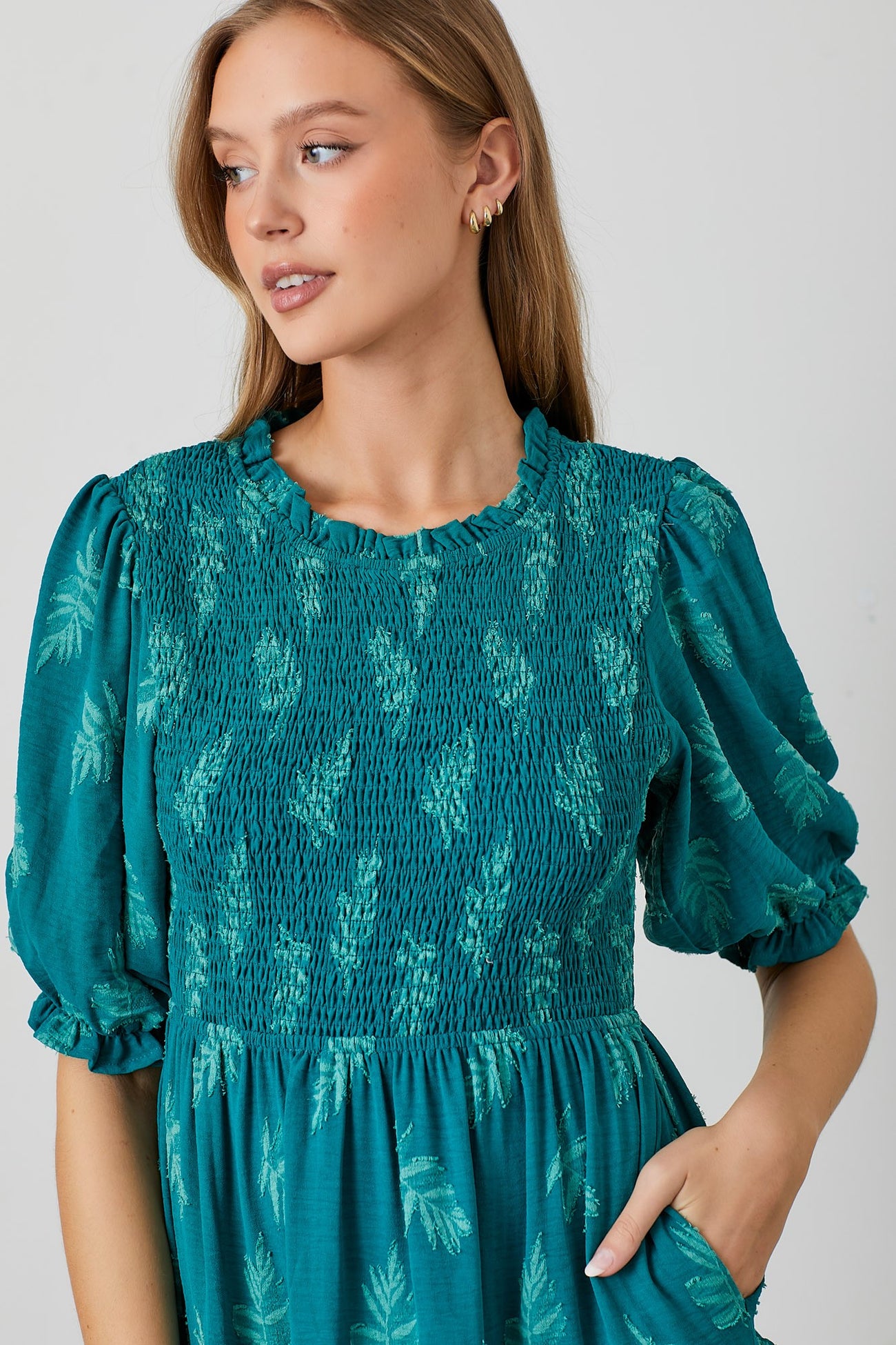 Teal Leaf Print Smocked Midi Dress