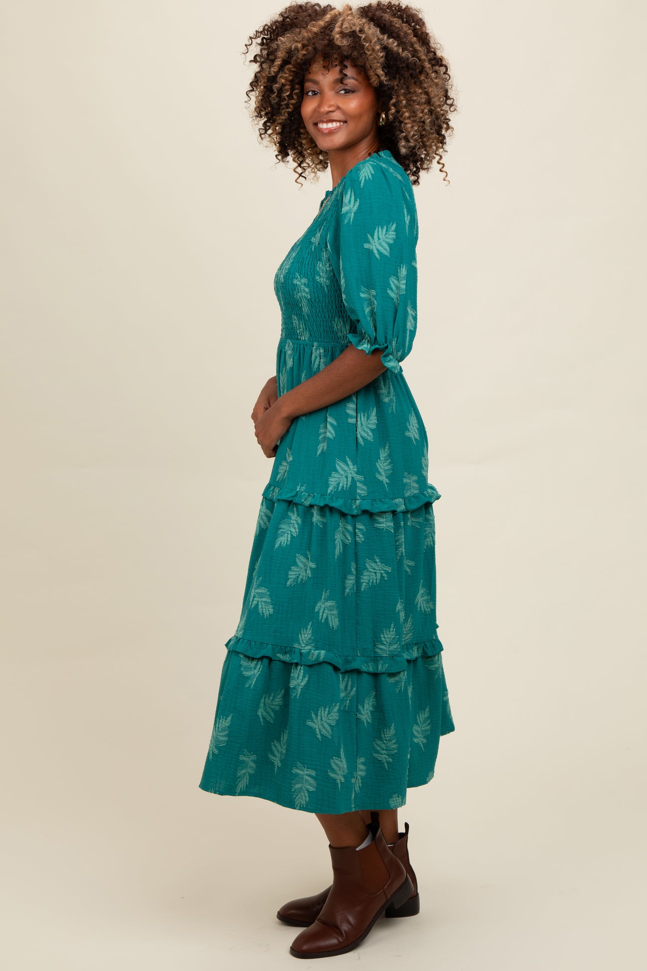 Teal Leaf Print Smocked Midi Dress