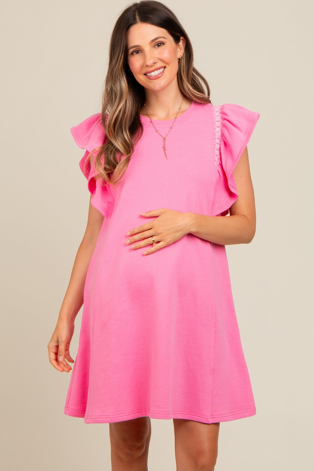 Pink Embroidered Ruffle Sleeve Maternity Dress