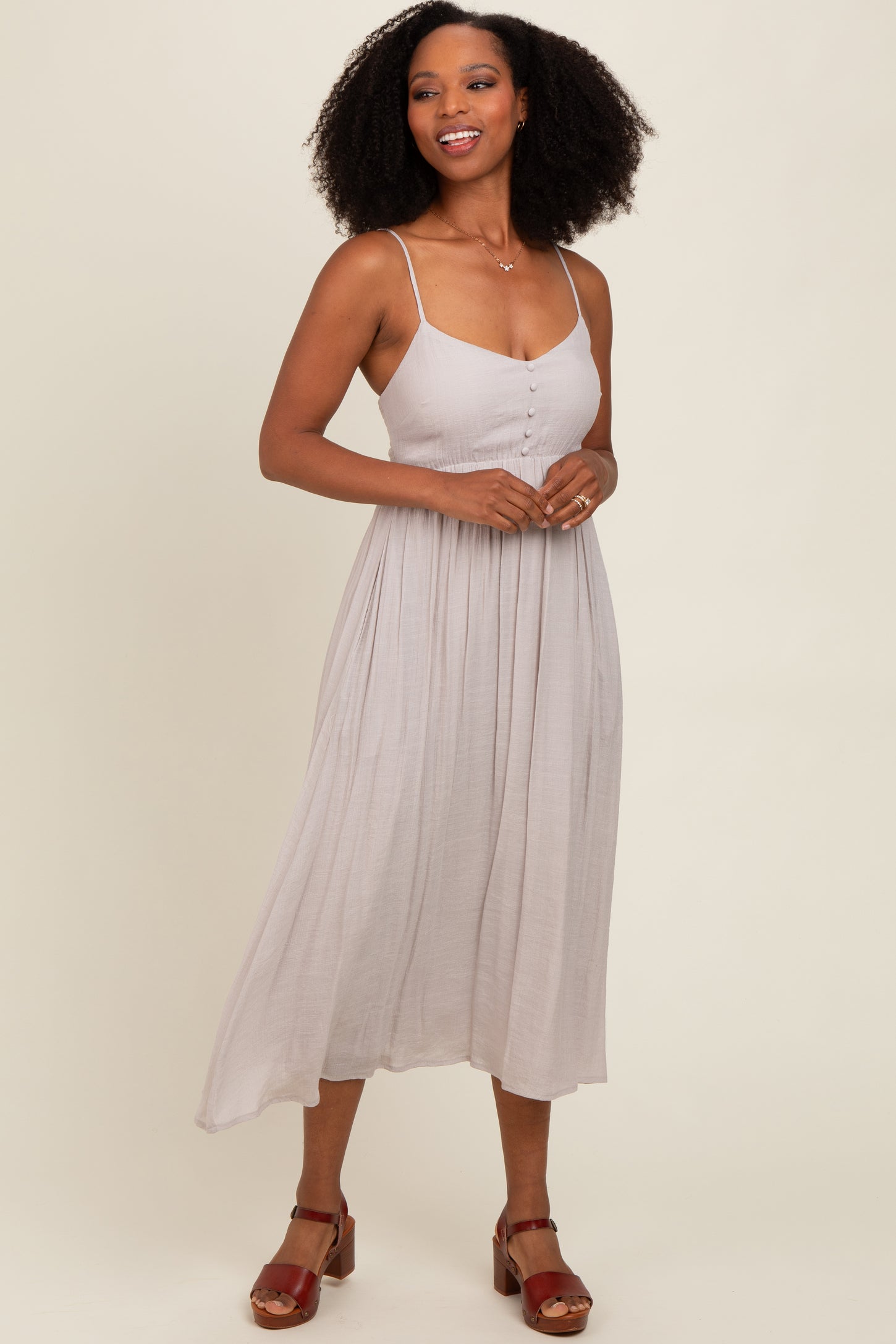 Grey Button Accent Midi Dress