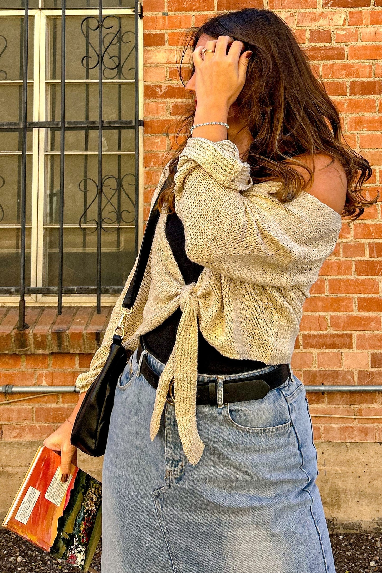 Taupe Open Knit Sweater Self-Tie Cardigan