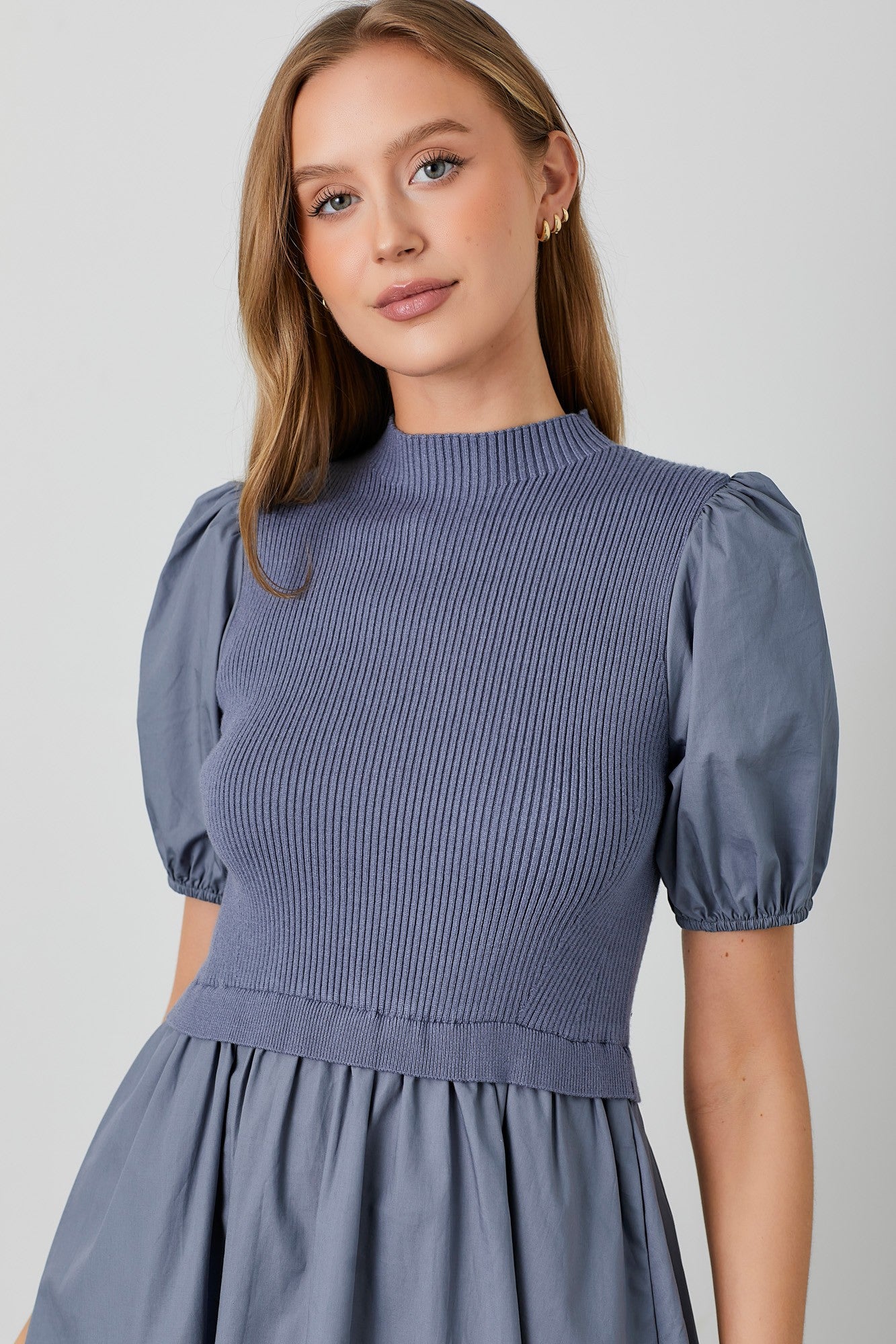 Blue Contrast Knit Bodice Midi Dress