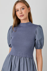 Blue Contrast Knit Bodice Midi Dress