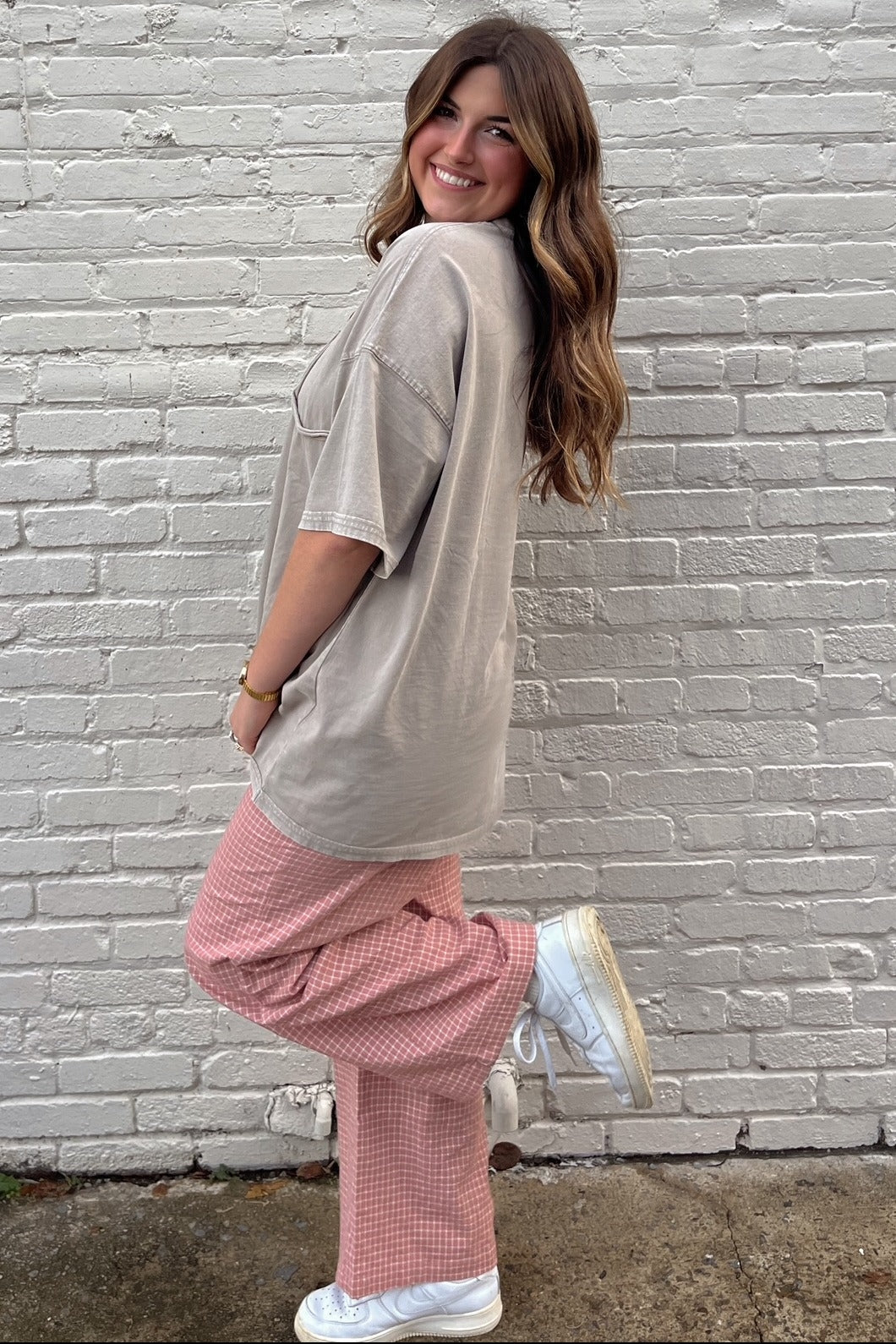 Pink Drawstring Checker Plaid Pants