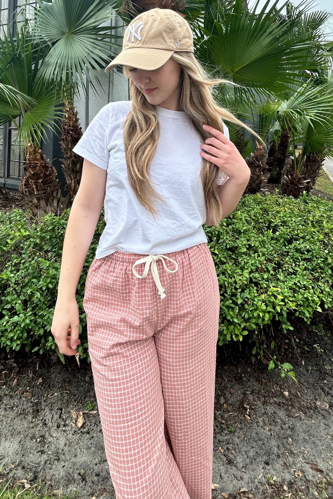 Pink Drawstring Checker Plaid Pants