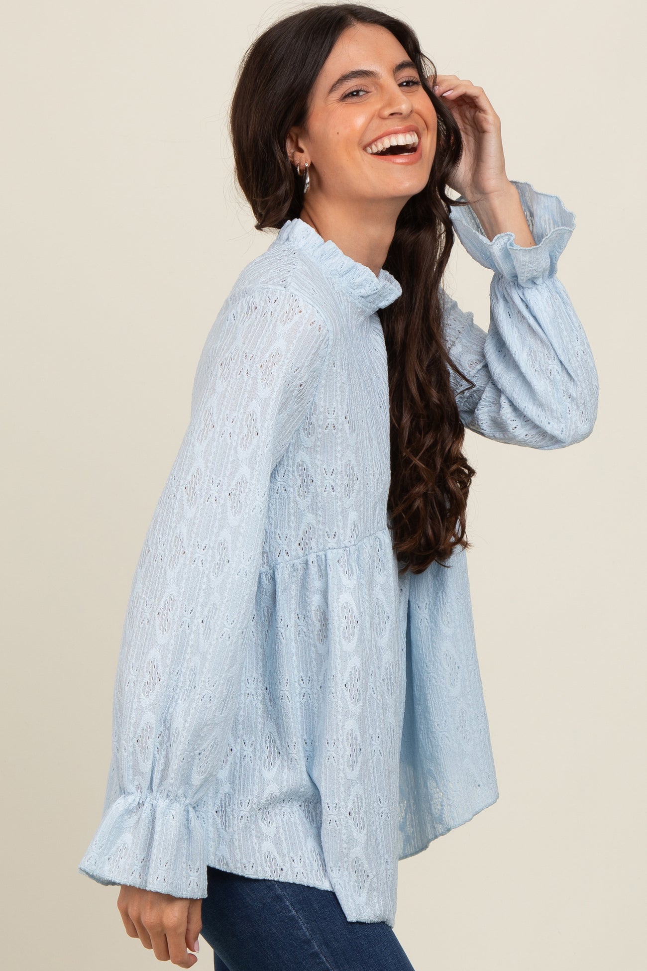 Light Blue Lace Ruffled Neck Top
