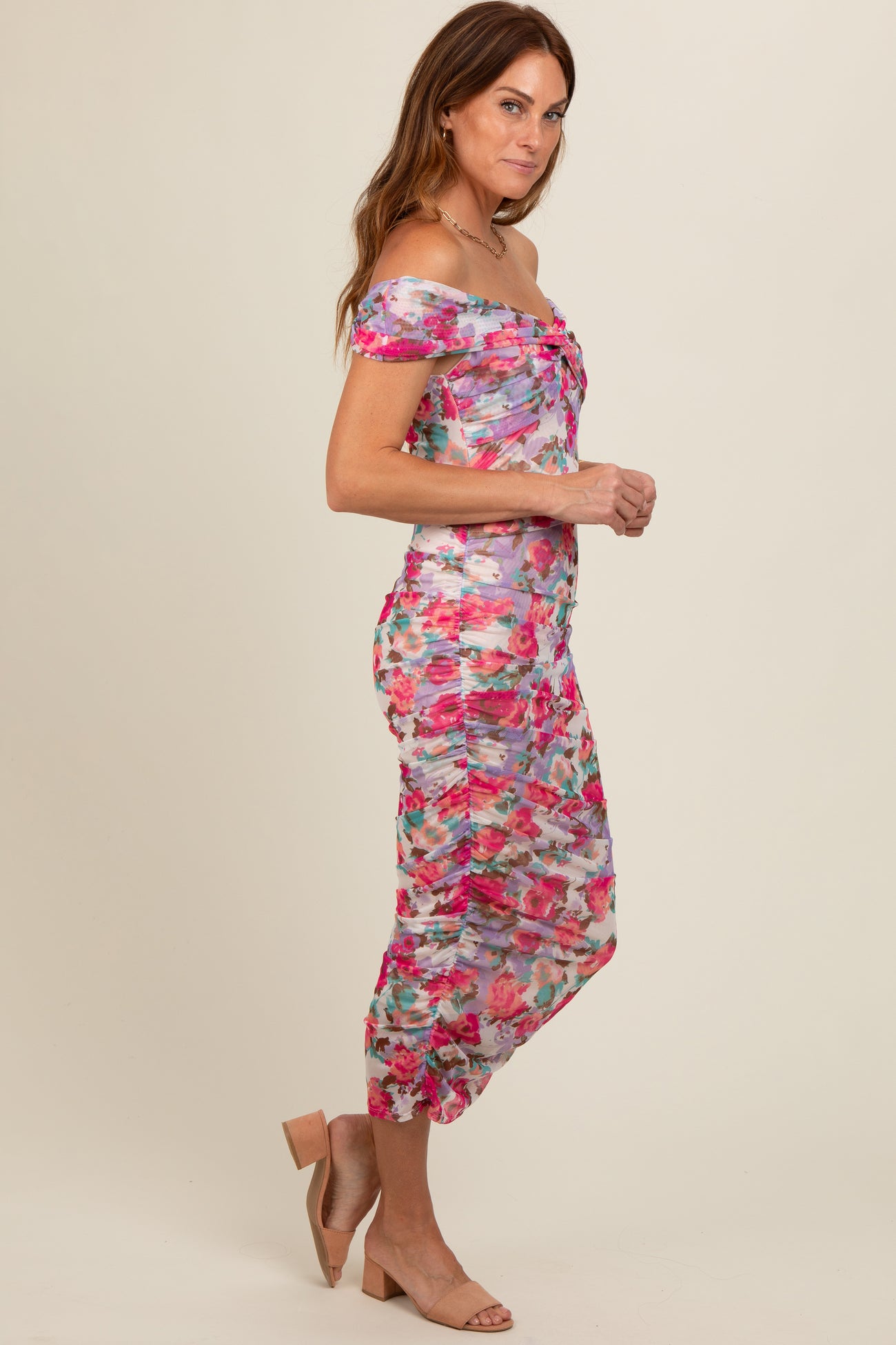 Fuchsia Floral Off Shoulder Ruched Midi Dress