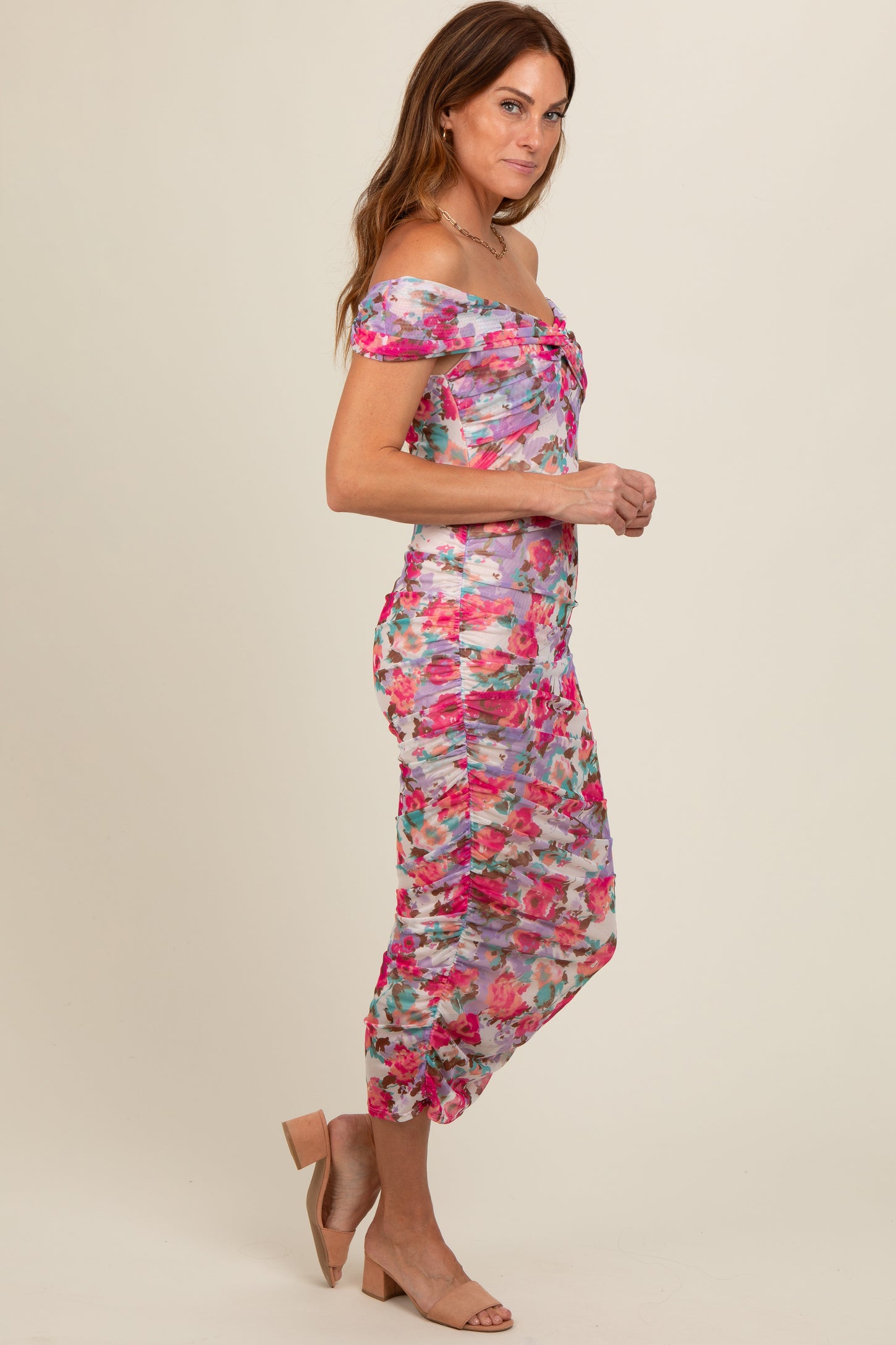 Fuchsia Floral Off Shoulder Ruched Midi Dress