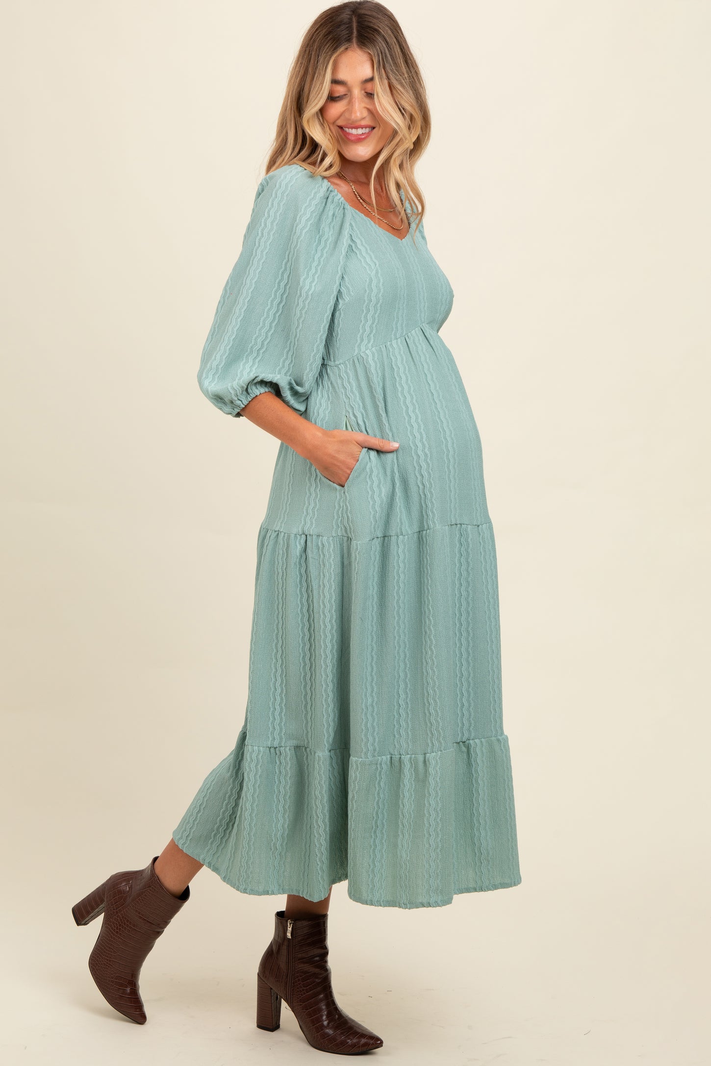 Light Olive Embroidered Tiered Maternity Midi Dress