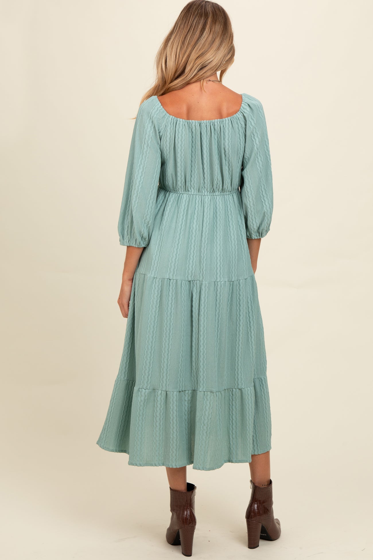 Light Olive Embroidered Tiered Maternity Midi Dress