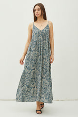 Teal Paisley Babydoll Cami Strap Maxi Dress