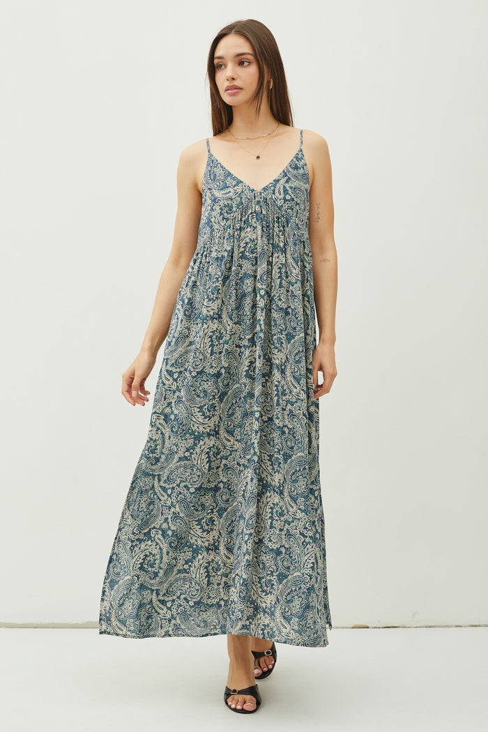 Teal Paisley Babydoll Cami Strap Maxi Dress