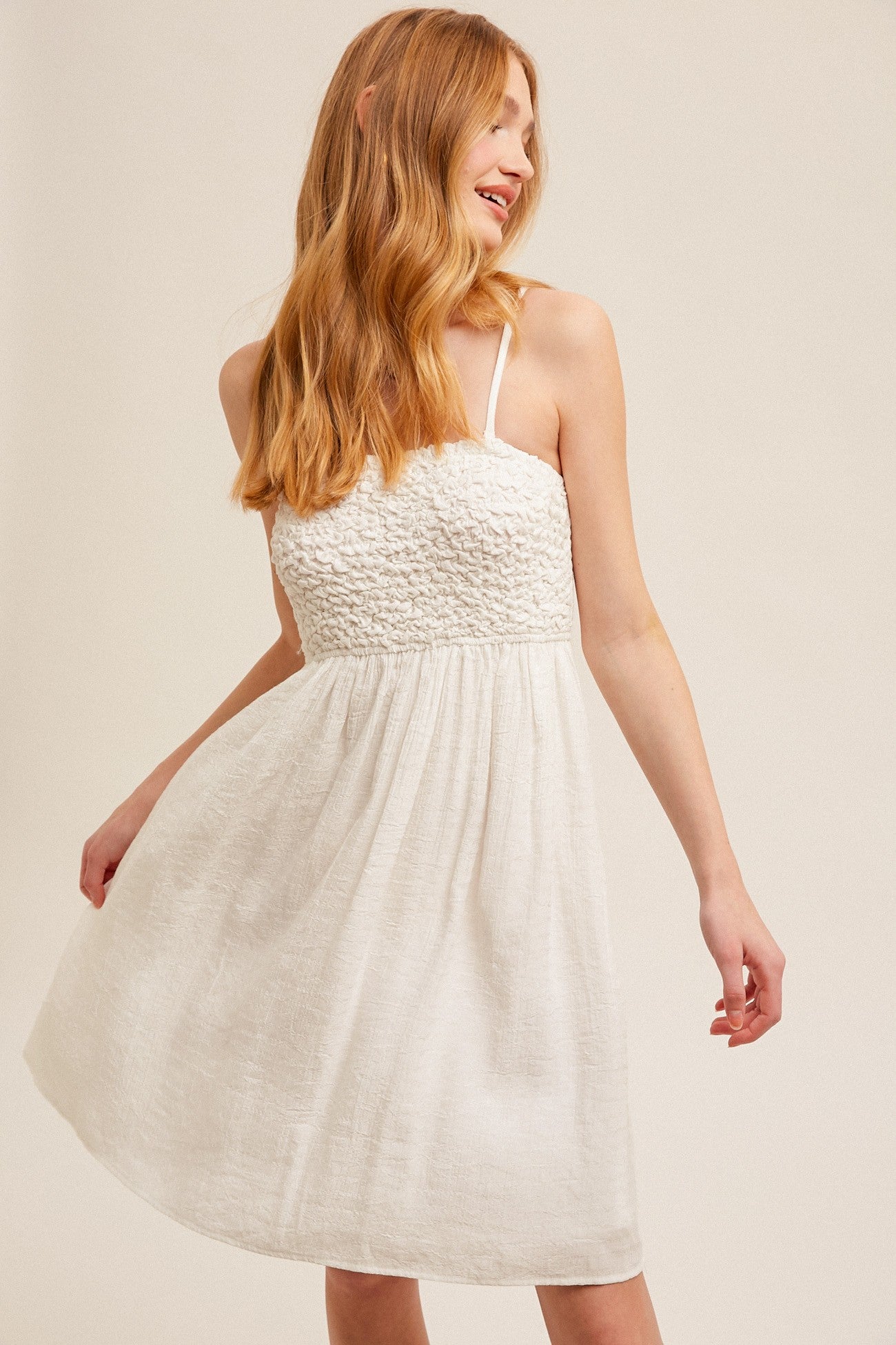 White Textured Smocked Maternity Dress