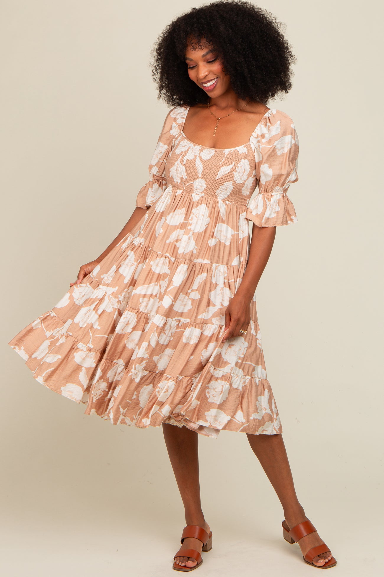 Mocha Rose Print Tiered Smocked Midi Dress