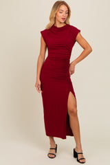 Burgundy Ruched Mock Neck Maternity Slit Midi Dress