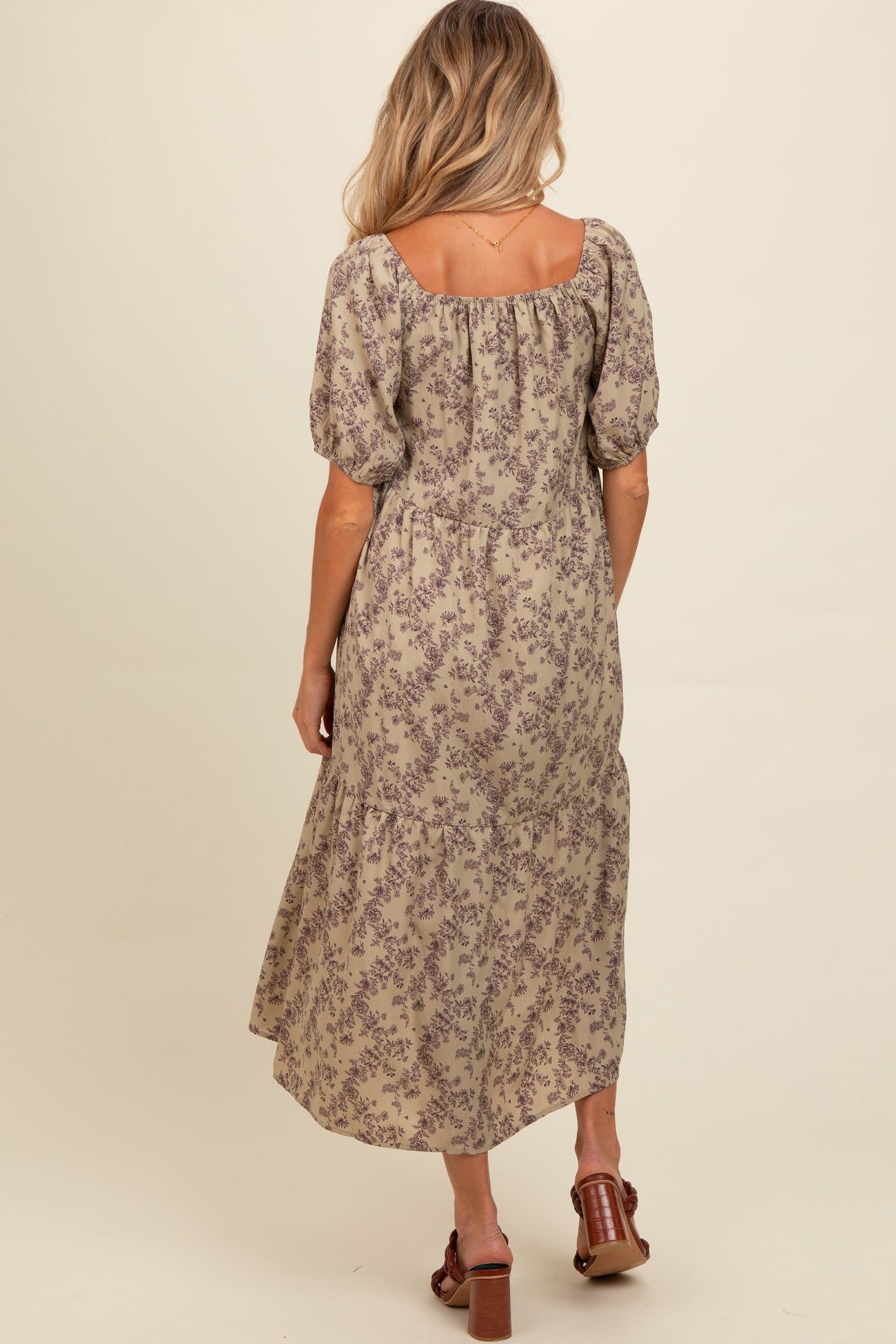 Mocha Floral Ruffle Hem Maternity Midi Dress