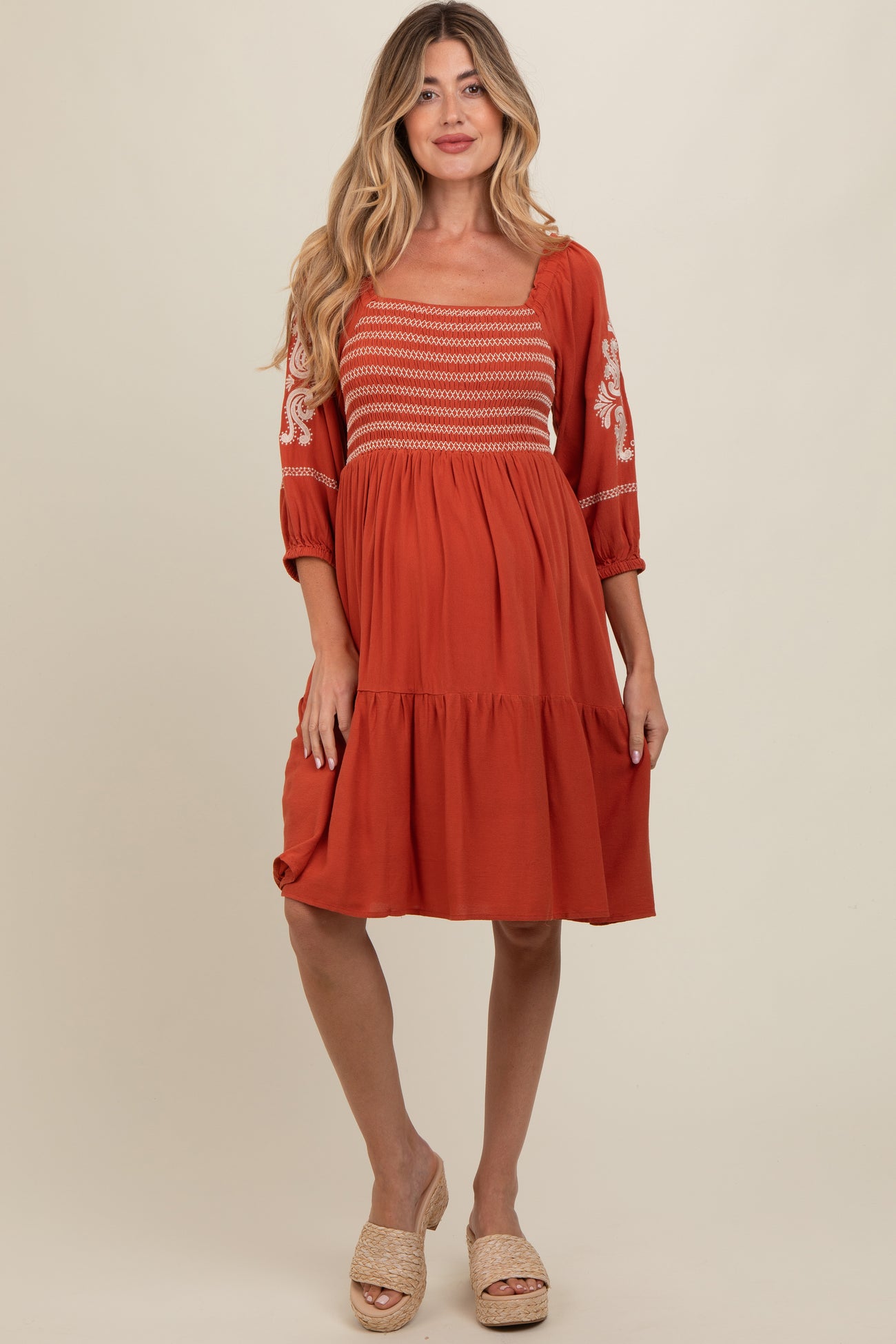 Rust Smocked Embroidered Damask Maternity Dress