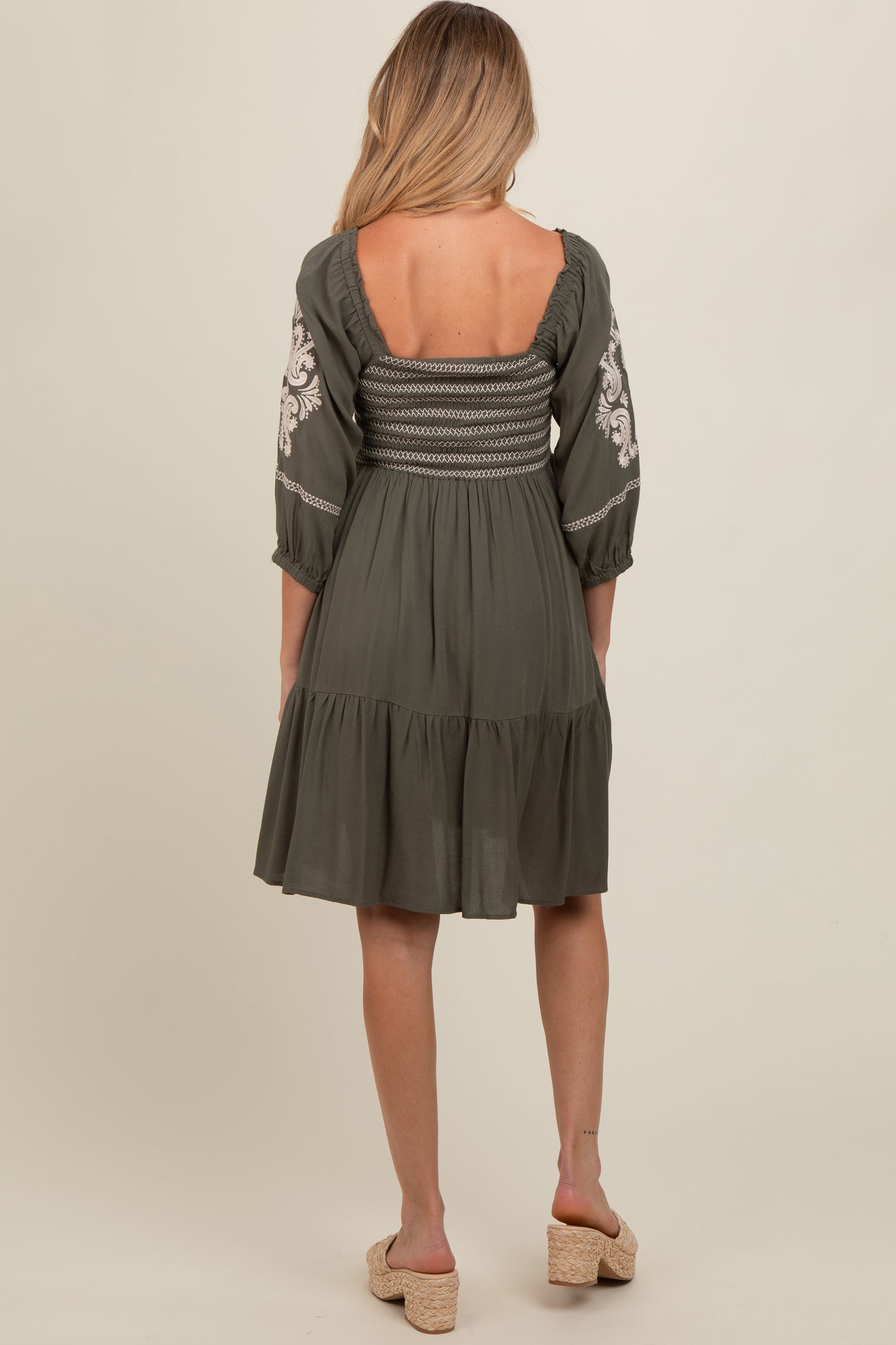 Olive Smocked Embroidered Damask Maternity Dress