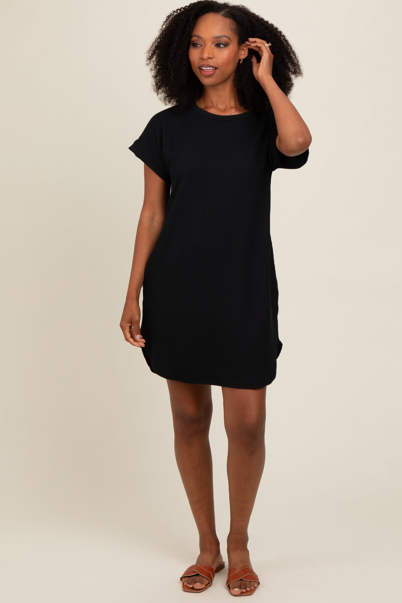 Black Ribbed Round Hem Dress