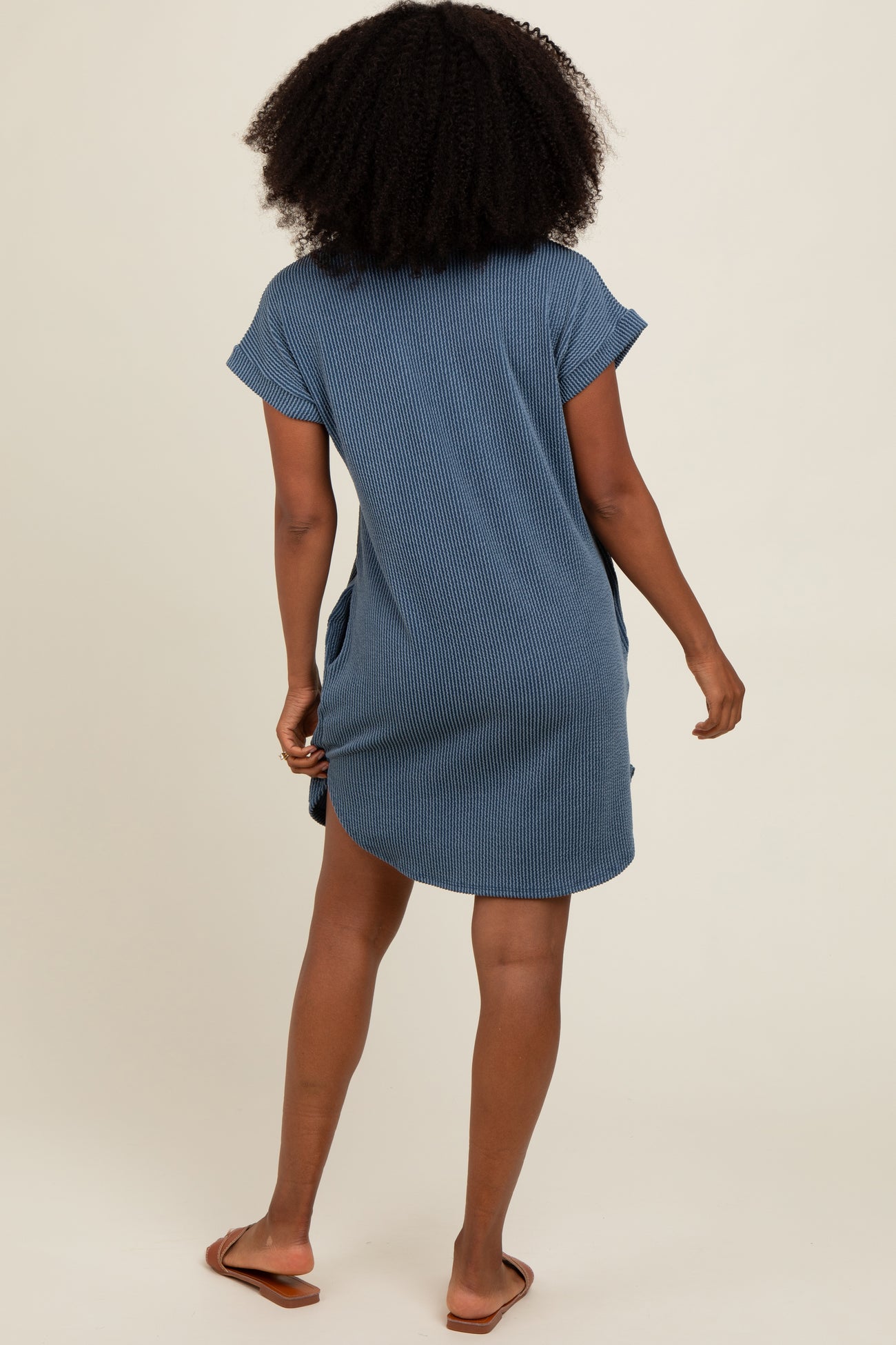 Blue Ribbed Round Hem Dress