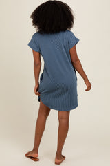 Blue Ribbed Round Hem Dress