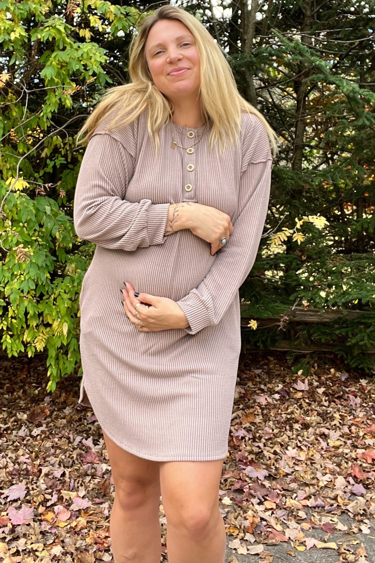 Mocha Ribbed Button Accent Maternity Dress