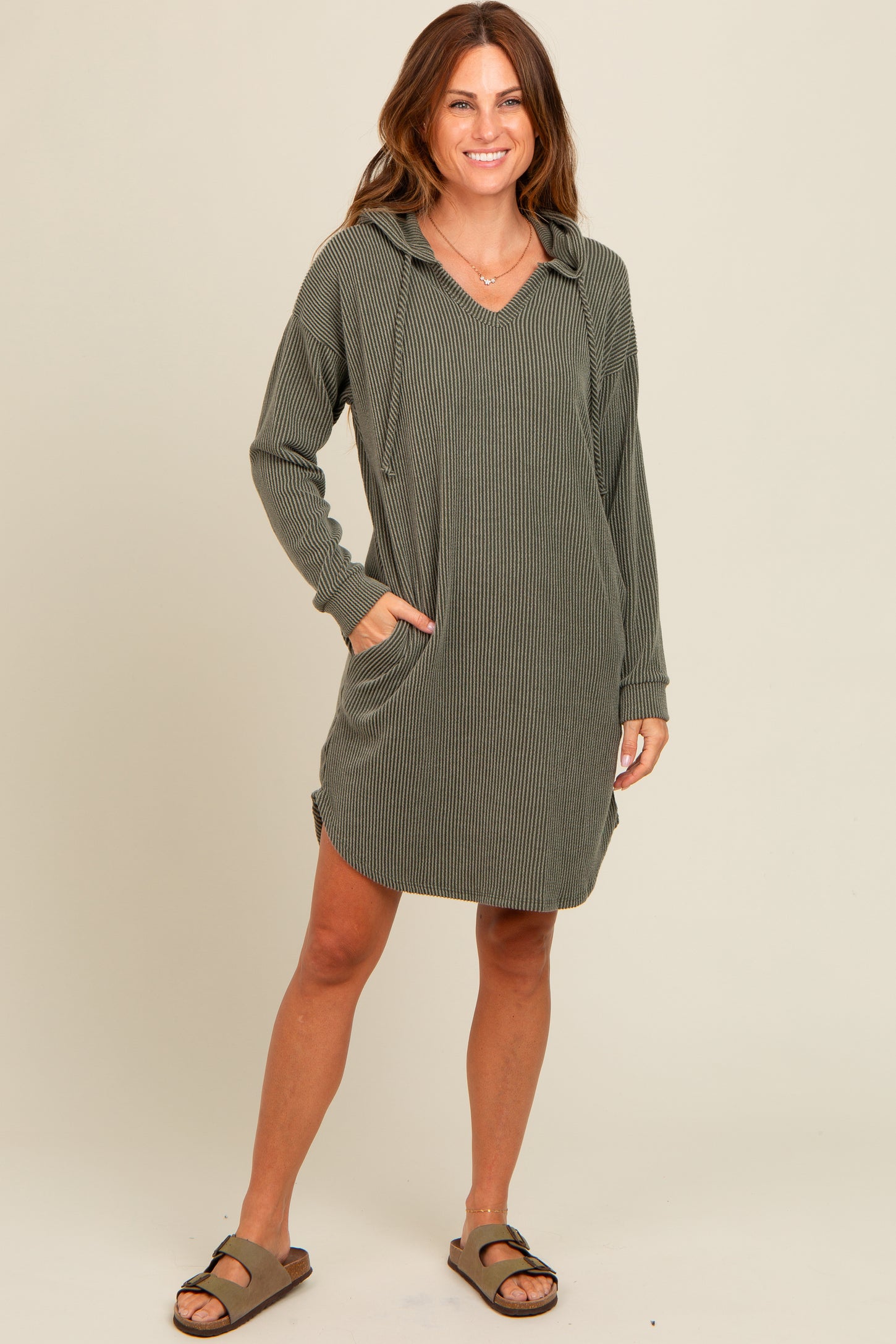 Olive Ribbed Hoodie Maternity Dress