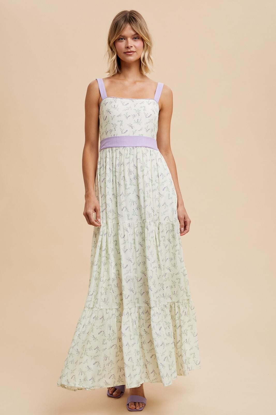 Lavender Floral Contrast Sash Tie Maternity Maxi Dress
