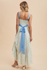 Blue Floral Contrast Sash Tie Maxi Dress