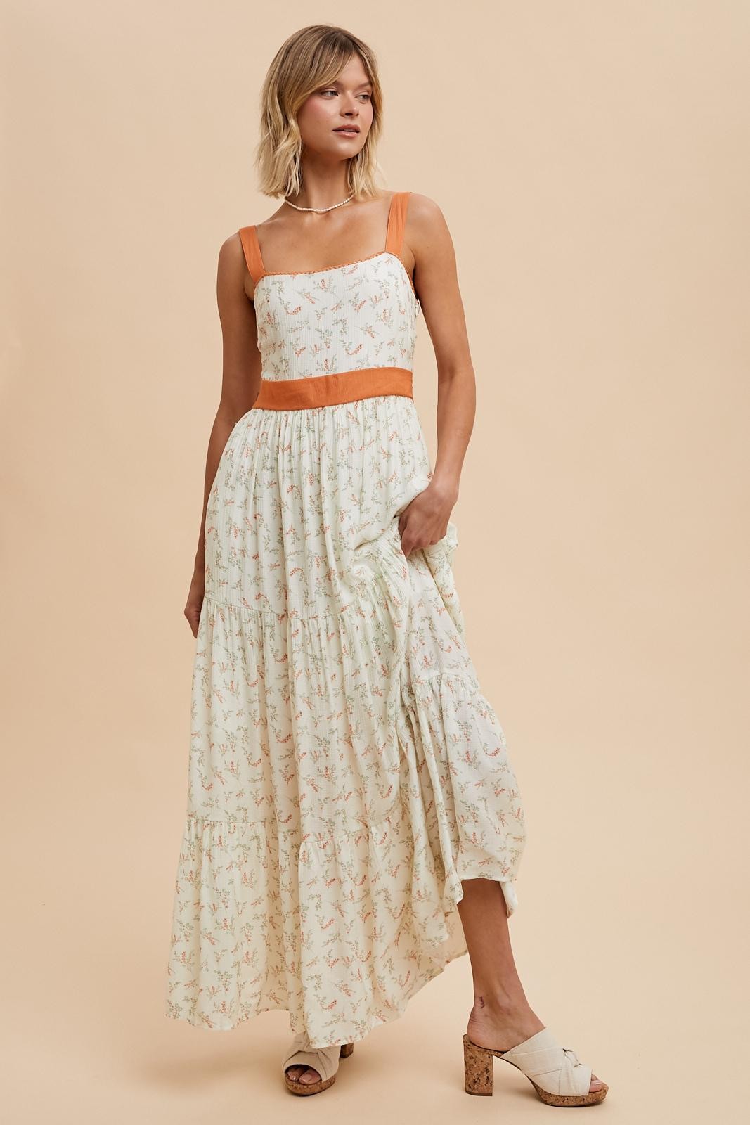 Orange Floral Contrast Sash Tie Maxi Dress