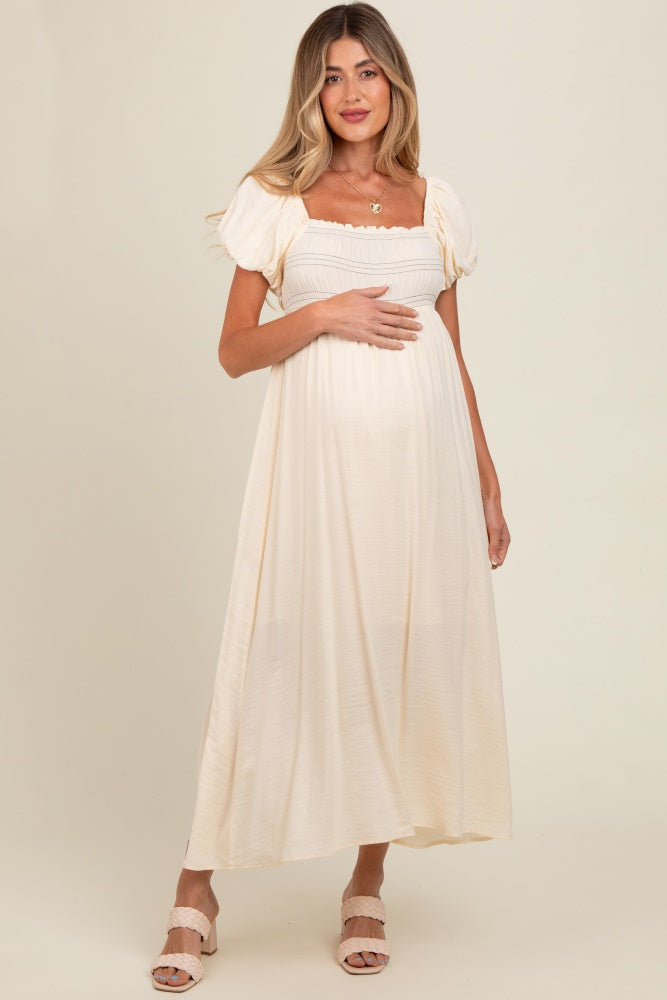 Cream Smocked Puff Sleeve Maternity Maxi Dress