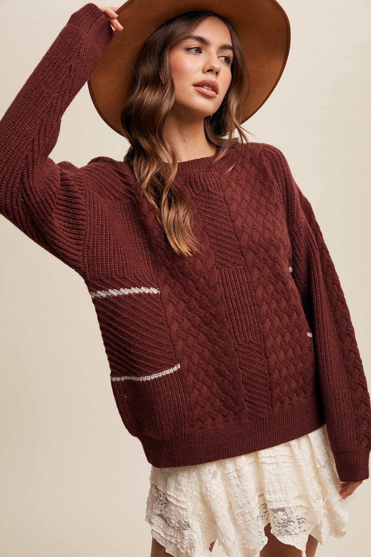 Brown Striped Mixed Cable Knit Sweater