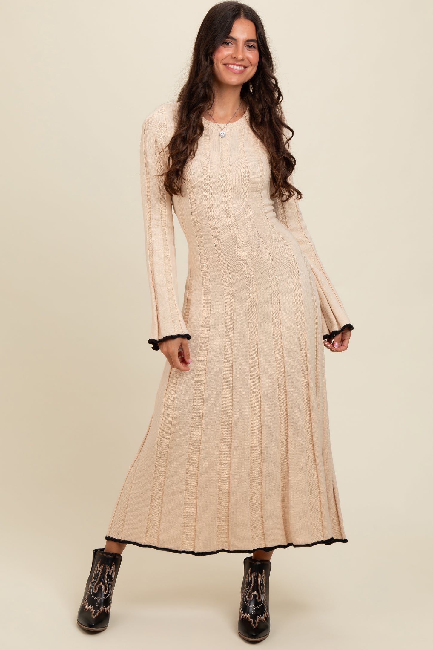 Cream Sweater Knit Bell Sleeve Back Cutout Maternity Maxi Dress